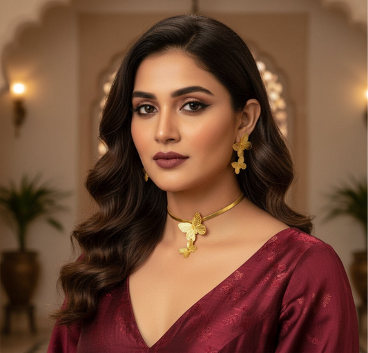 Gold butterfly choker earring set