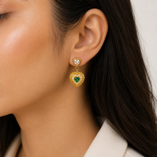 Emerald Heart Diamond Drop Earrings