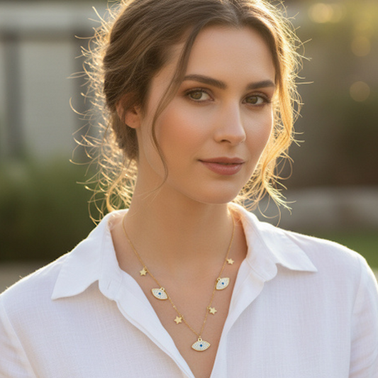 Woman wearing a white shirt and multiple necklaces with a blurred outdoor background