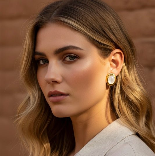 Gold Oval Pearl Stud Earrings