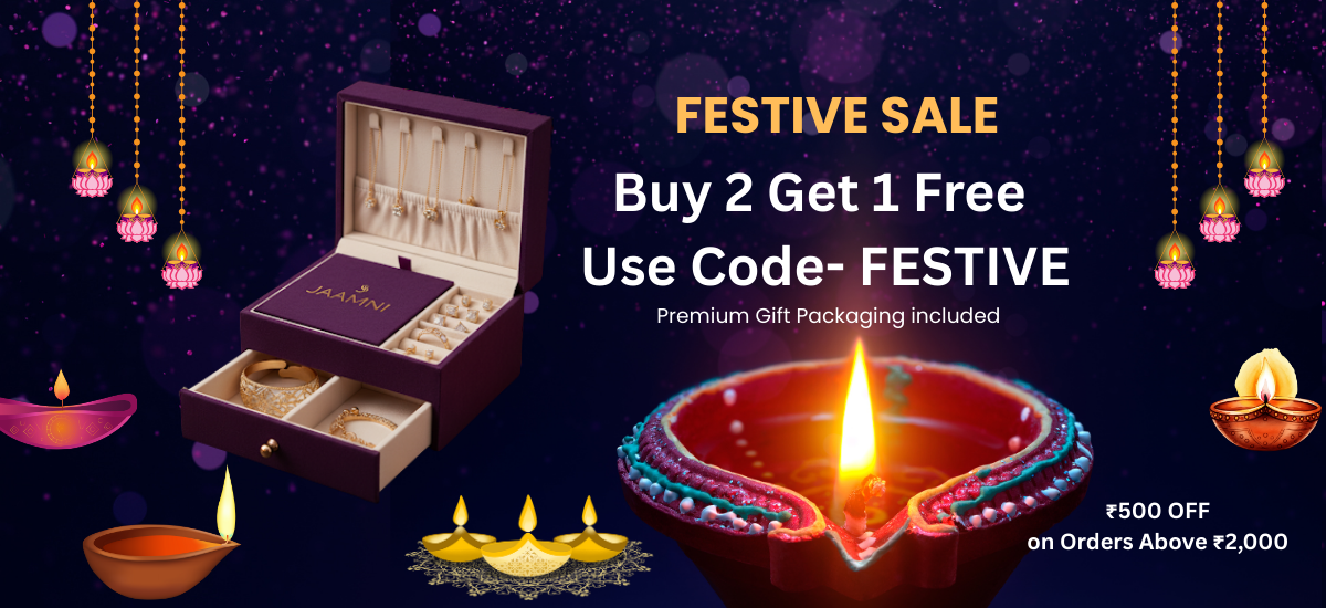 Festive sale jaamni for anti tarnish jewellery with gift packaging and Diwali decorations on a dark background.