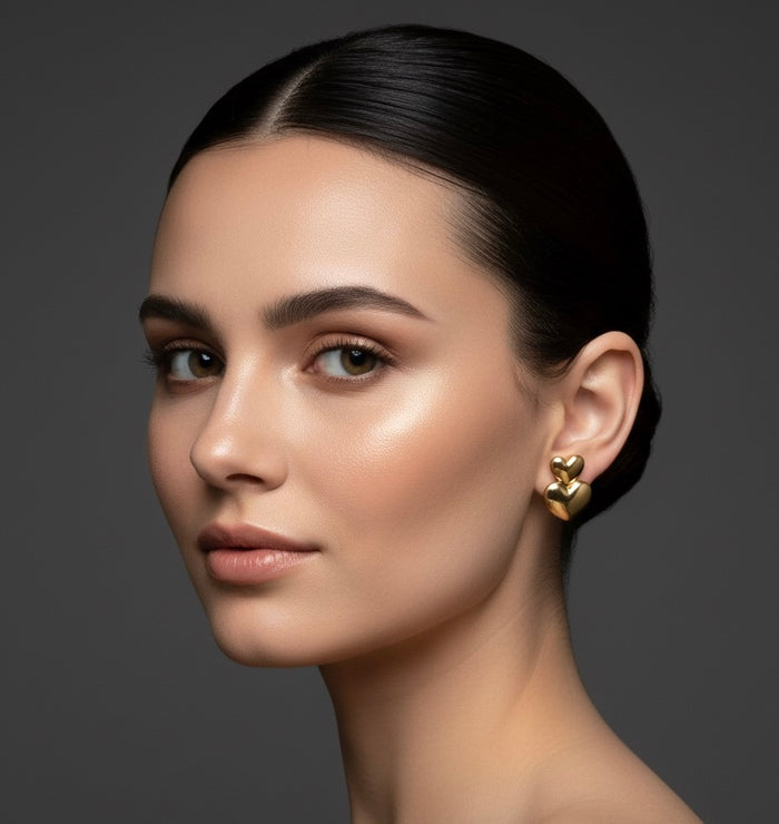 Stacked Heart Stud Earrings -18K Gold Plated