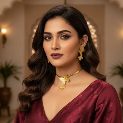 Gold butterfly choker earring set