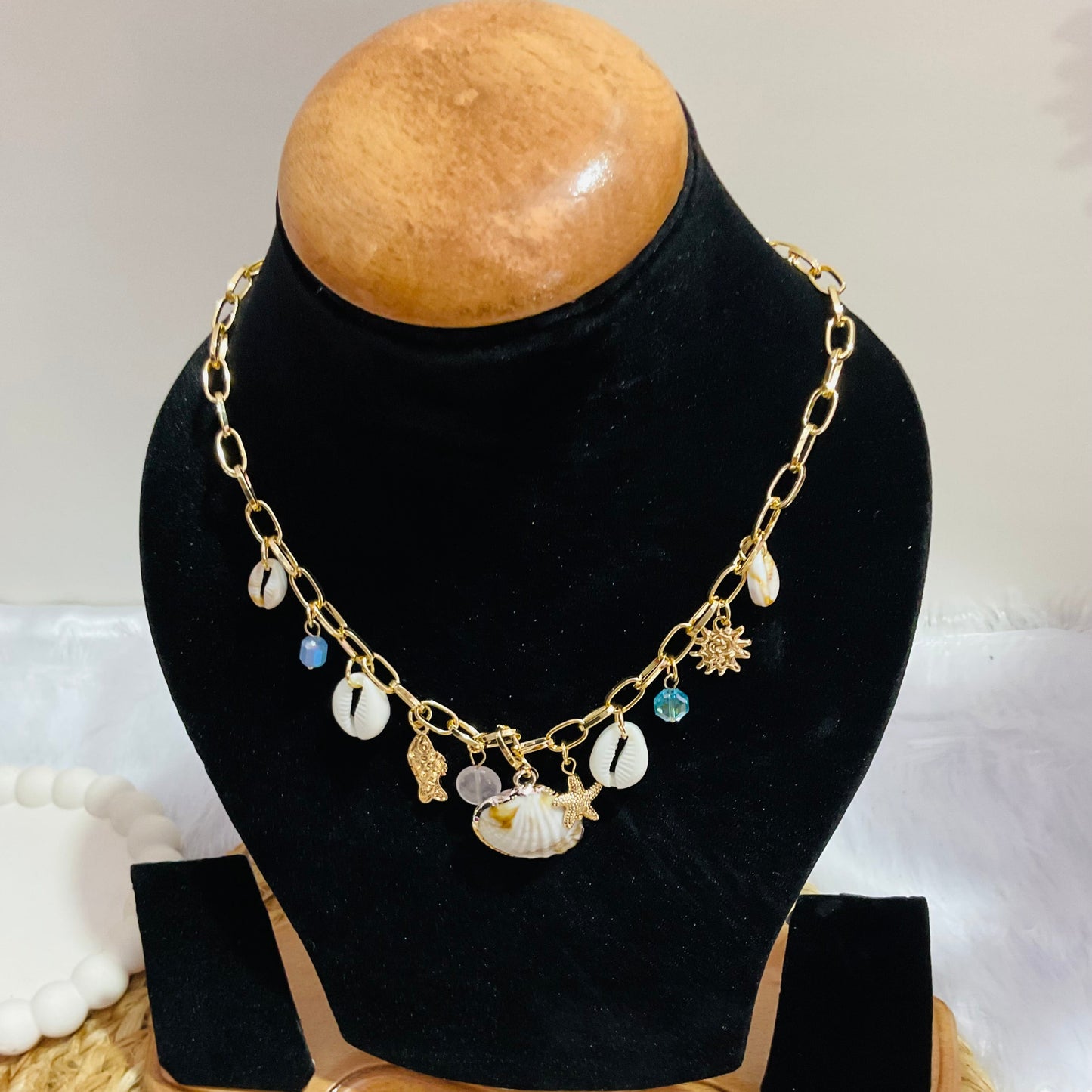 Cowrie Shell & Sun Charm Necklace -18K Gold Plated