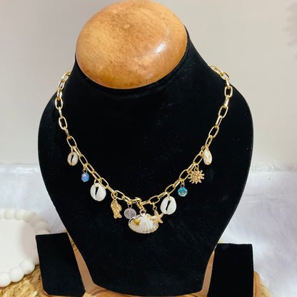 Cowrie Shell & Sun Charm Necklace -18K Gold Plated