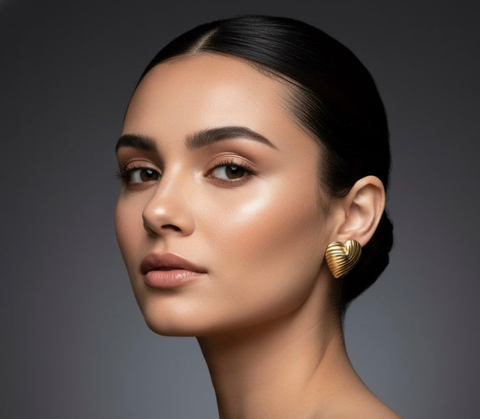 Ribbed Heart Stud Earrings -18K Gold Plated