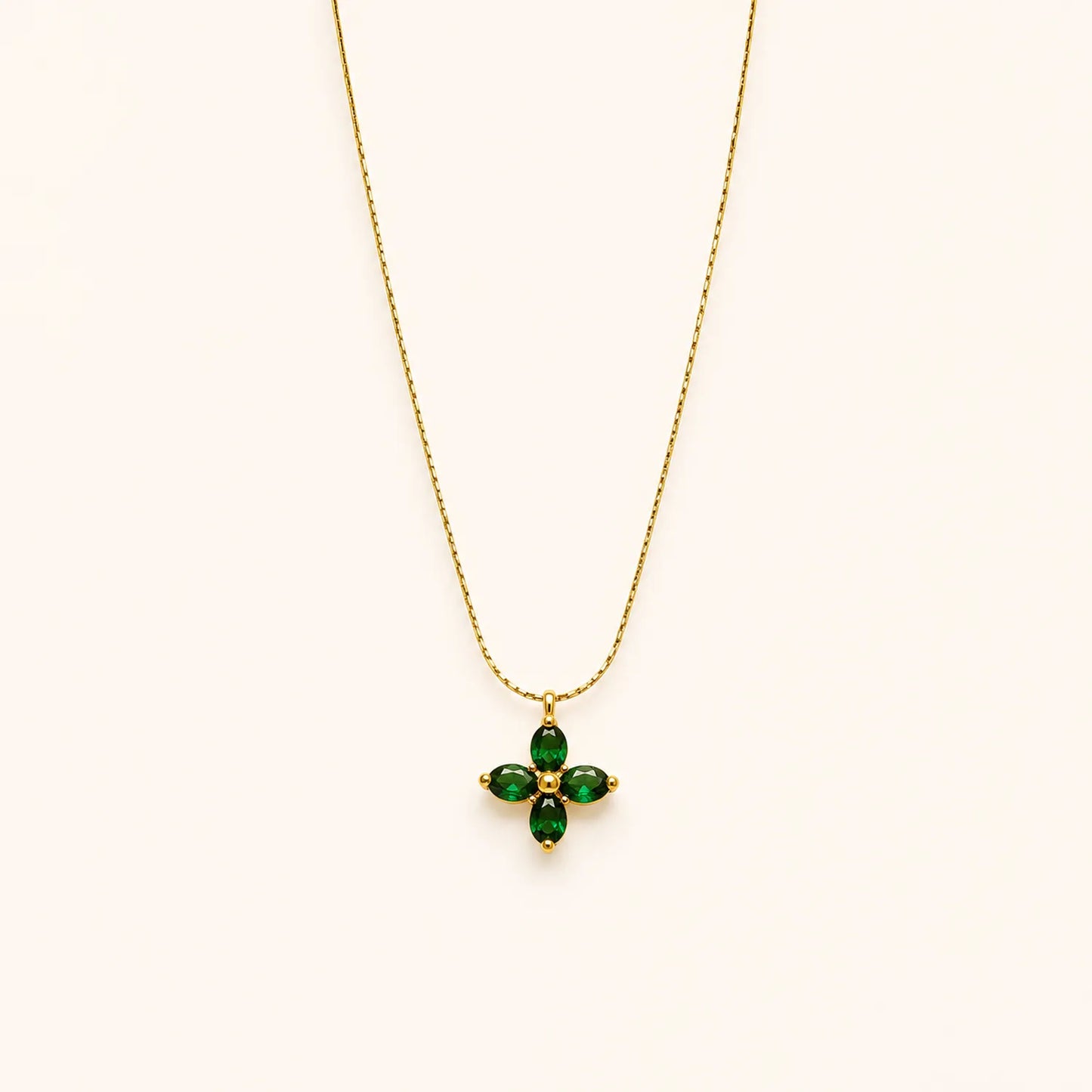 Emerald Crystal Clover Pendant| 18K Gold Plated