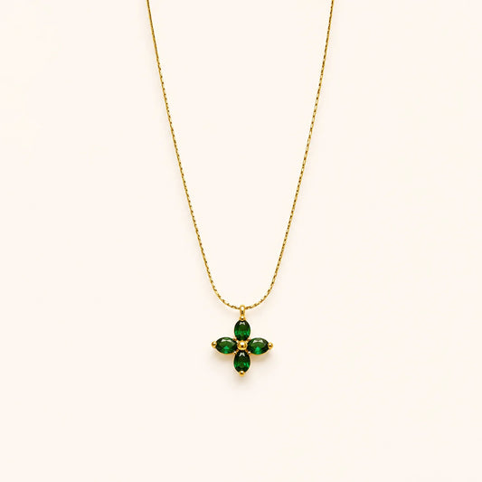 Emerald Crystal Clover Pendant| 18K Gold Plated