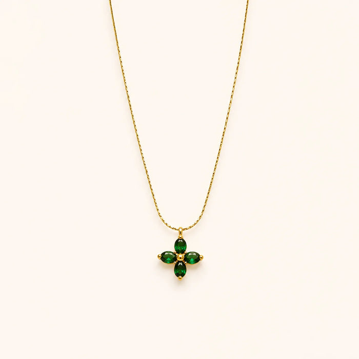 Emerald Crystal Clover Pendant| 18K Gold Plated