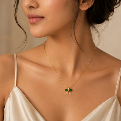 Emerald Bow Pendant Necklace | 18K Gold Plated