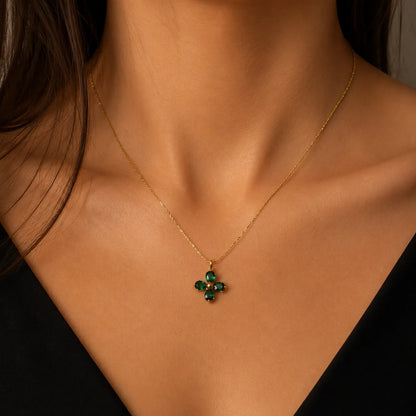 Emerald Crystal Clover Pendant| 18K Gold Plated