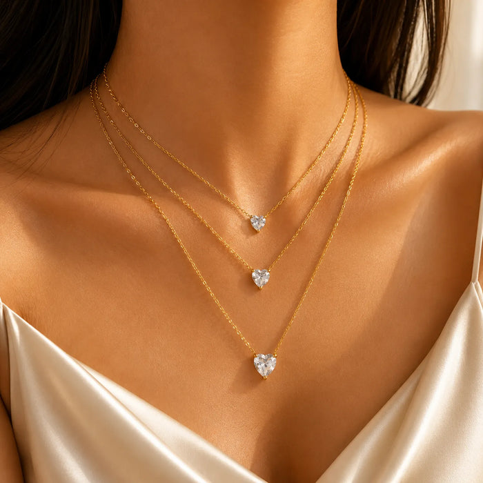 Triple Layered Heart Crystal Necklace