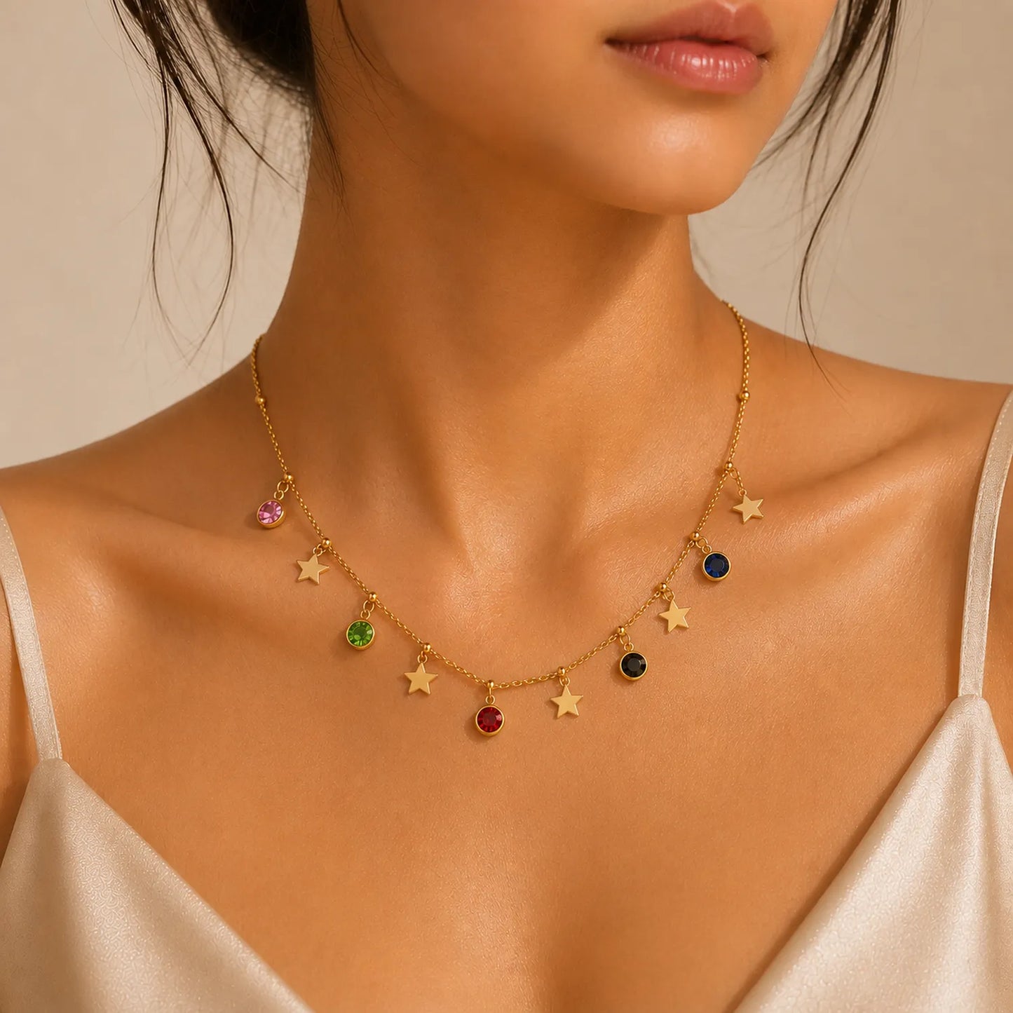 Multicolor Star Charm Necklace-18K Gold Plated