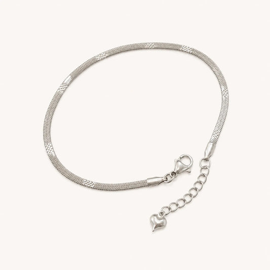 Silver Herringbone Snake Anklet- 18K White Gold Plated