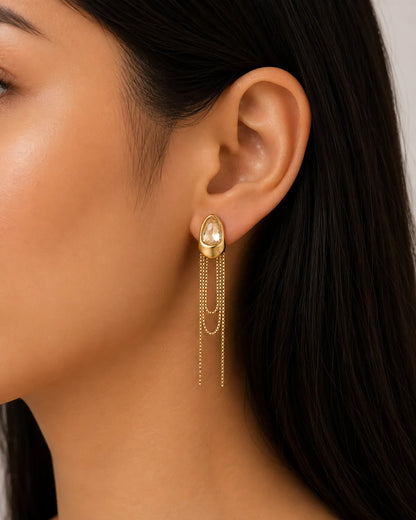 Crystal Chain Tassel Statement Earrings - 18K Gold plated