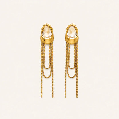 Crystal Chain Tassel Statement Earrings - 18K Gold plated