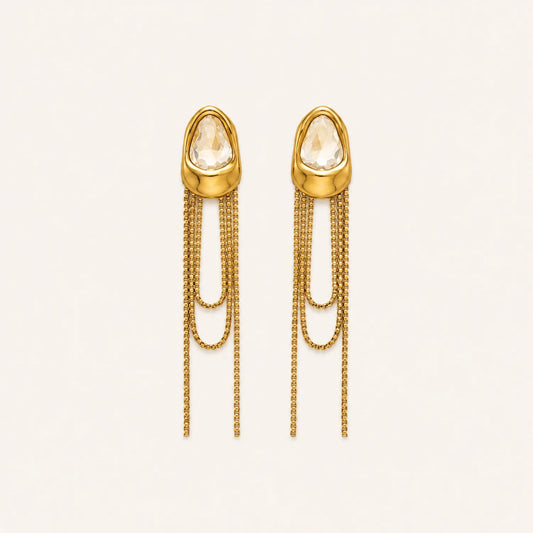Crystal Chain Tassel Statement Earrings - 18K Gold plated