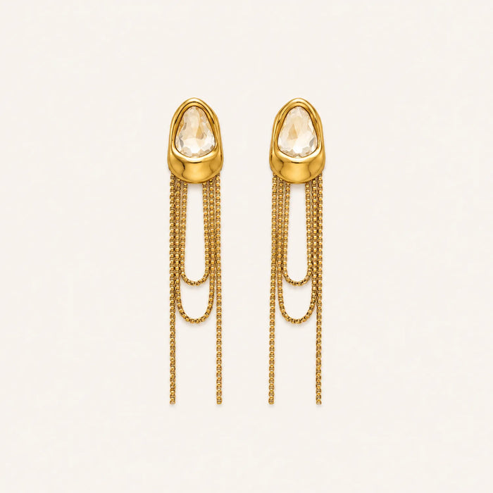 Crystal Chain Tassel Statement Earrings - 18K Gold plated