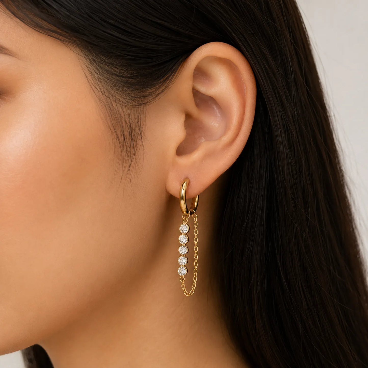 Dangling Chain Huggie Earrings-18K Gold Plated