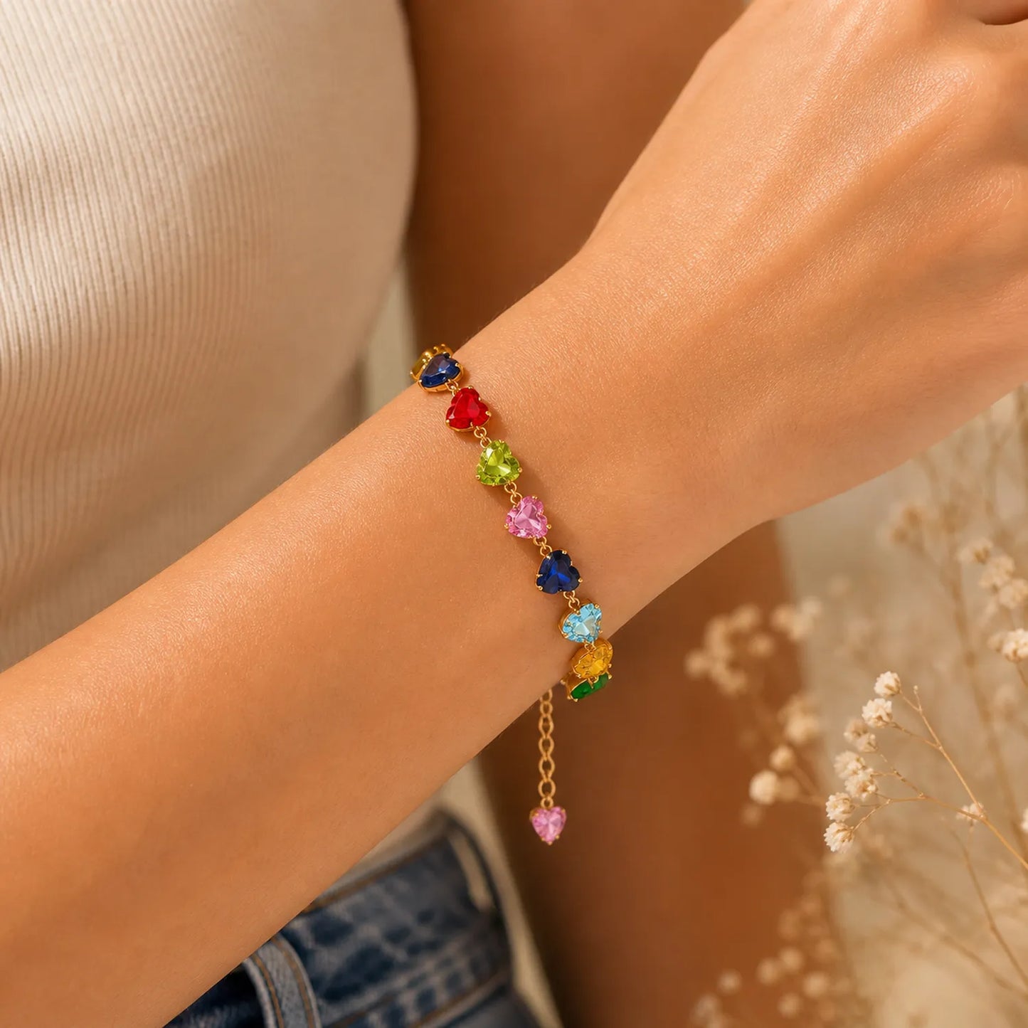 Rainbow Crystal Hearts Bracelet- 18K Gold Plated