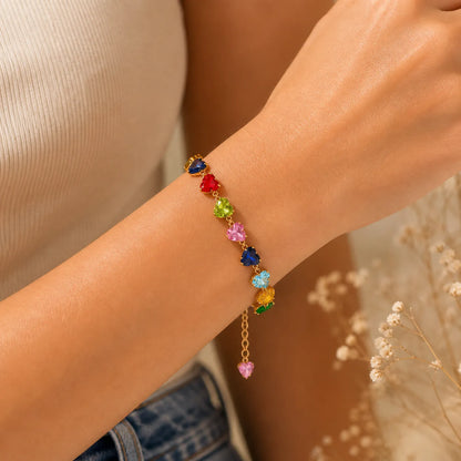 Rainbow Crystal Hearts Bracelet- 18K Gold Plated