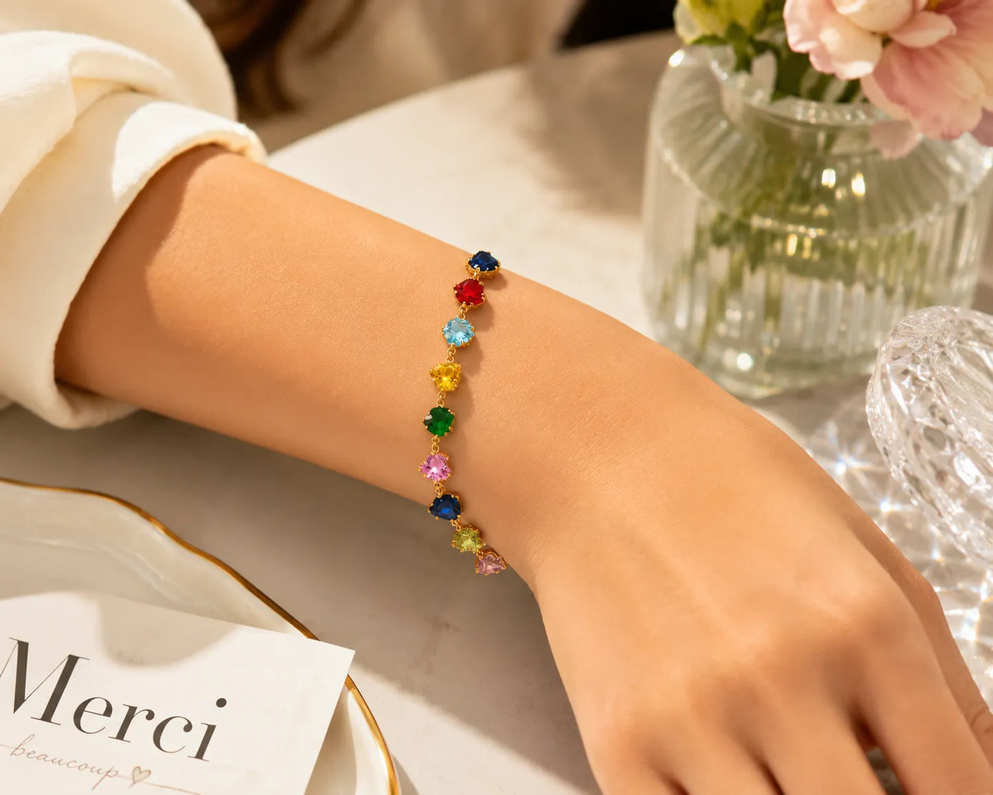 Rainbow Crystal Hearts Bracelet- 18K Gold Plated