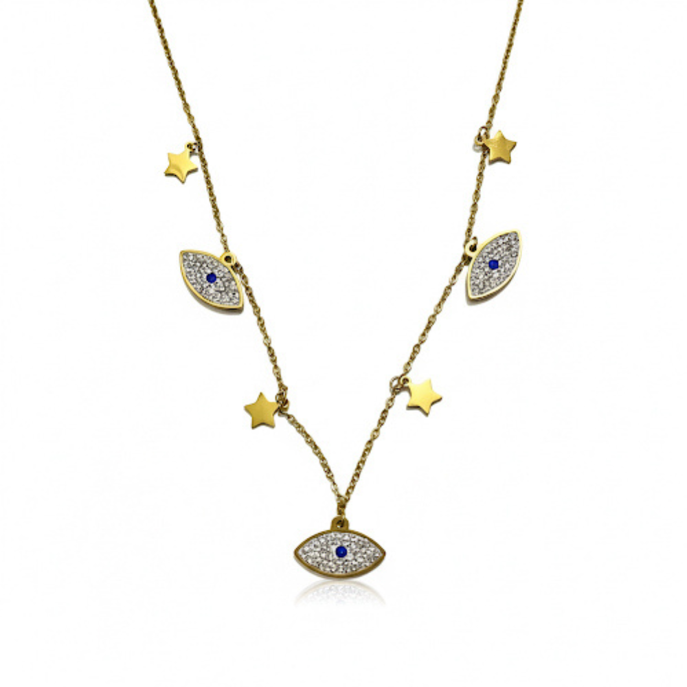 Gold necklace with eye-shaped charms and star accents on a white background