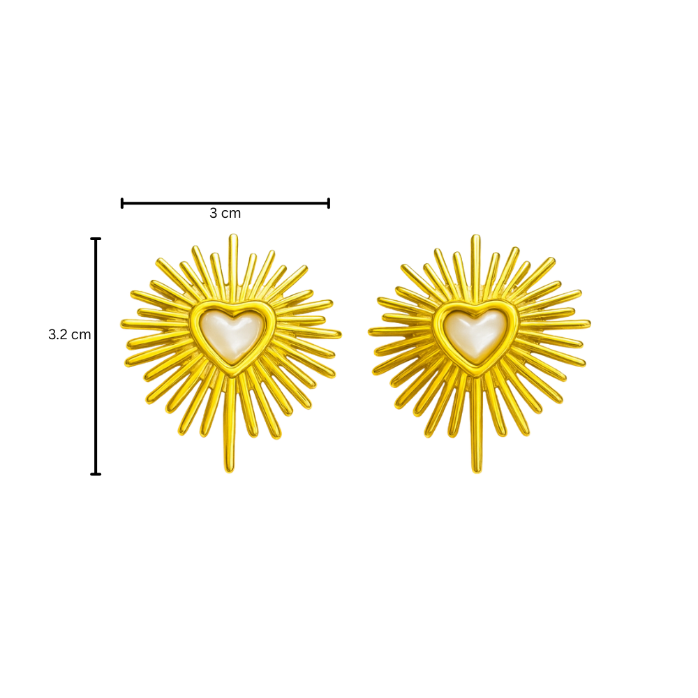 Gold sunburst earrings with a heart center, shown with measurements on a white background.