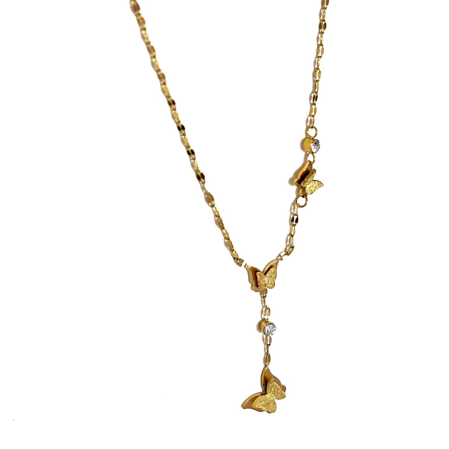 Gold  antiternish necklace with butterfly pendants on a white background