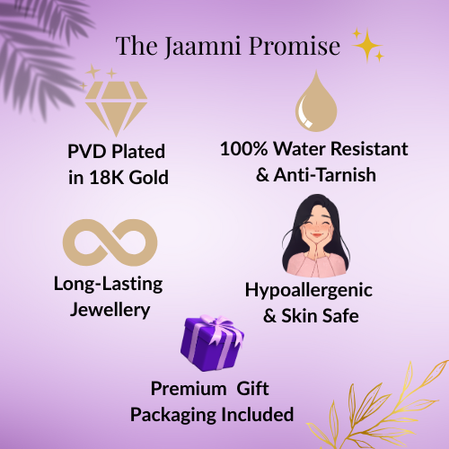 Promotional graphic for Jaamni jewelry with features listed on a purple background.