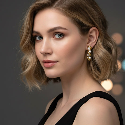 Woman wearing gold earrings with a blurred background