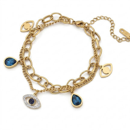Gold bracelet with blue gemstone charms on a white background